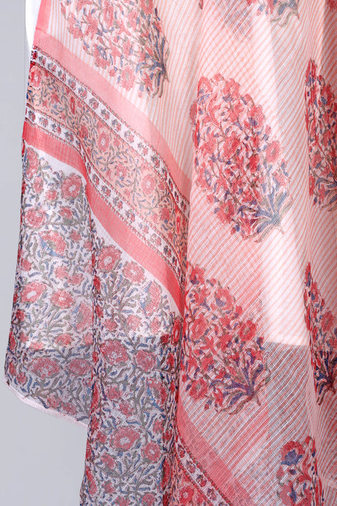 Kota Doria Dupatta In Floral Block Print
